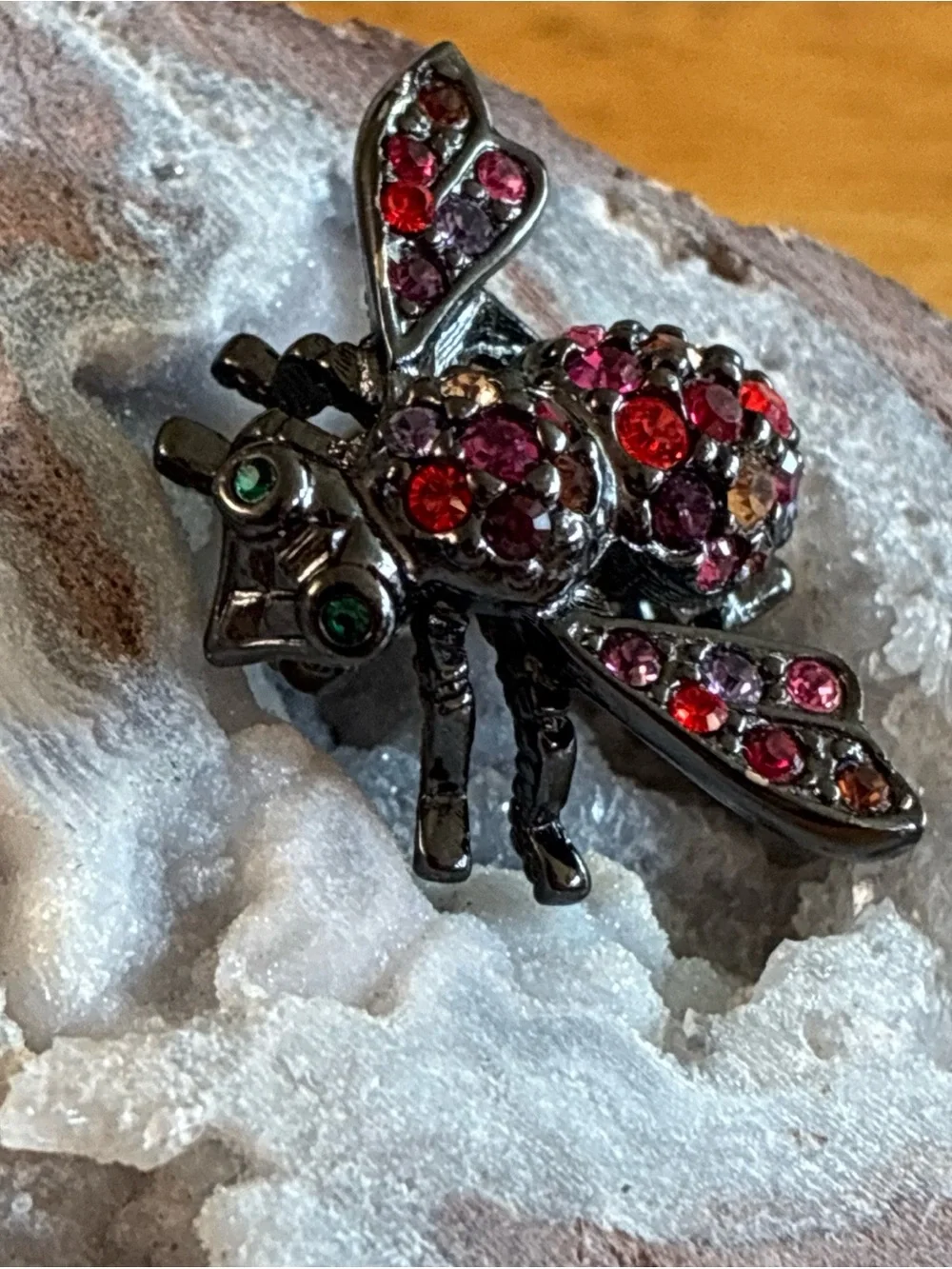 Joan Rivers red and pink rhinestone bee brooch in Japaned metal tone